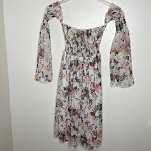 Floral Off-Shoulder Smocked Midi Dress With Sheer Sleeves Size M